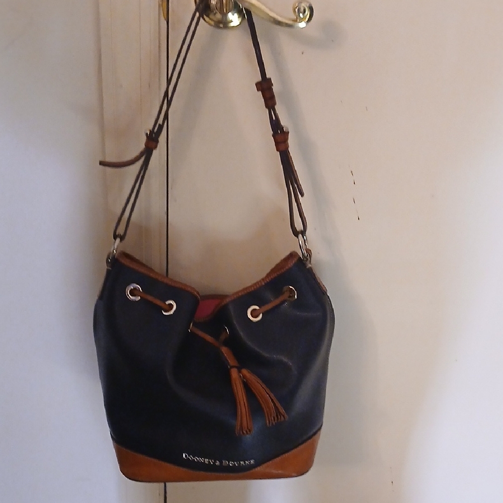 Dooney & Bourke Navy Leather Trim Drawstring Bucket Bag